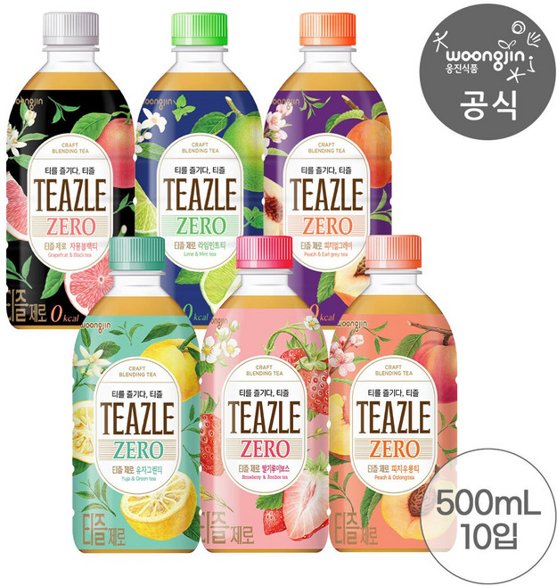 웅진식품 티즐 제로 피치우롱티/유자그린티/자몽블랙티/피치얼그레이티/라임민트티/딸기루이보스티 500ml 10펫, 딸기루이보스티 10펫, 10개