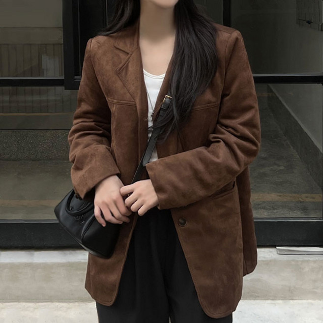 [당일출고/MD소장]모카무스 스웨이드 카라 긴팔자켓(정장출근 루즈오버핏 빅사이즈 봄옷 결혼식하객룩 빈티지 셔츠원피스 크롭레더가죽 블루종잠바 통통녀키작녀 수학 일본여행룩 블레이저)