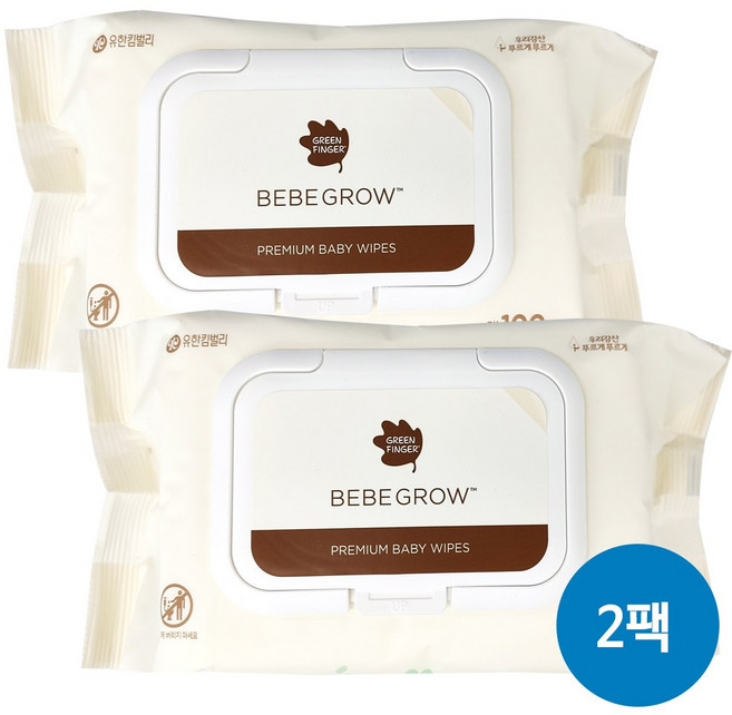 그린핑거 베베그로우 프리미엄 물티슈 캡 100매 2팩, 54g, 100개입, 2개