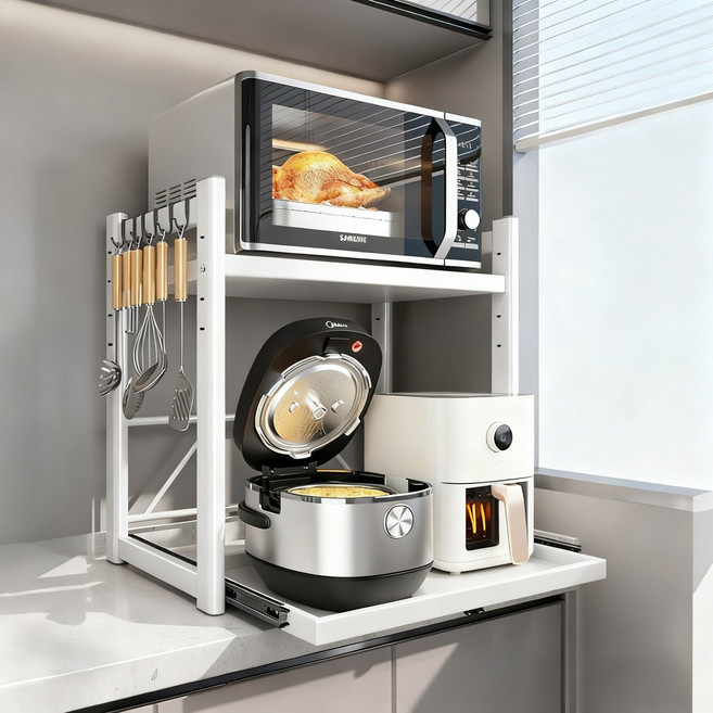 하이바다 주방 전자레인지 수납 서랍형 선반 + 후크걸이 6p 세트, 2단, 화이트+6개 후크걸이