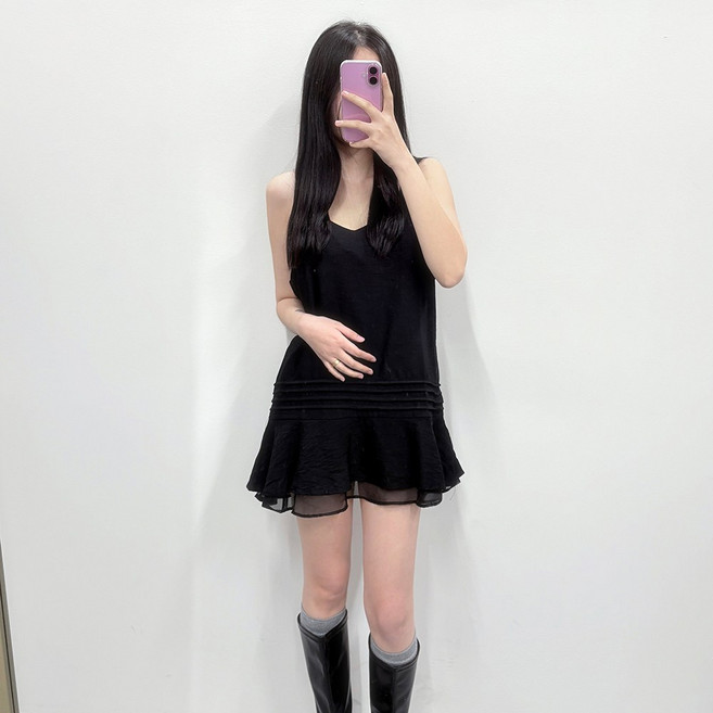 VANANA2 여성 청순원피스 프릴 브이넥 나시블라우스 끈나시 슬리브리스