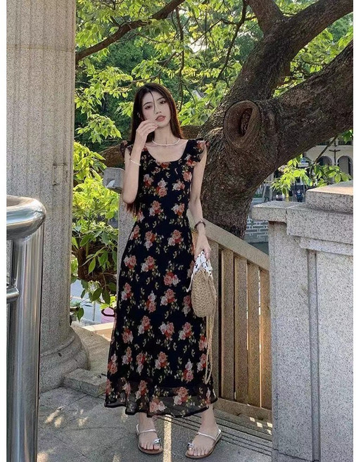 POMTOR 여자 여름 원피스 플라워 원피스 롱 원피스