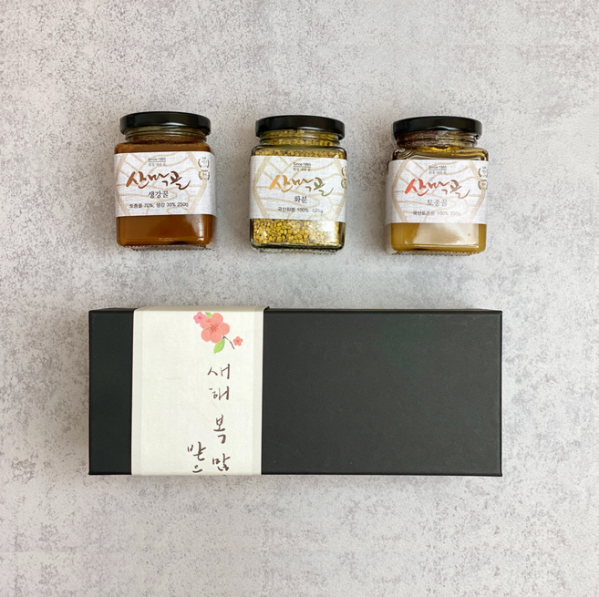 [산막골 토종꿀] 선물셋트(새해복) 토종꿀 250g 생강꿀 250g 화분250g, 1개