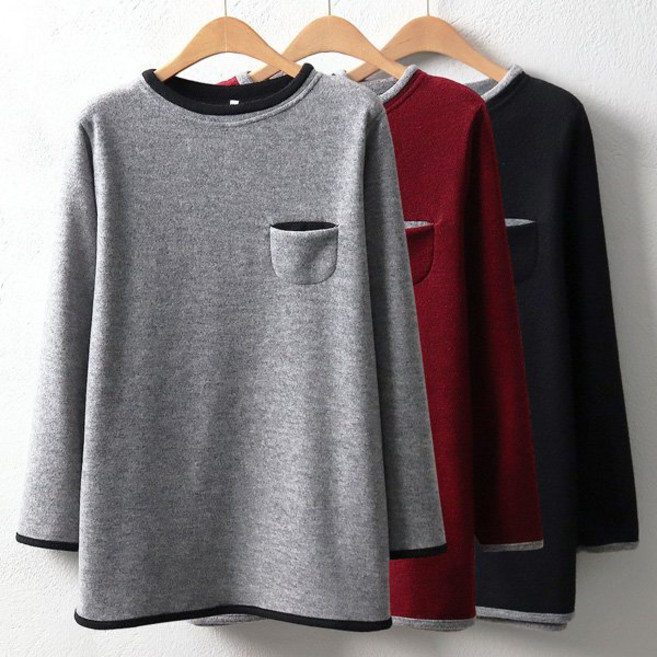 아이우먼 여자 빅사이즈 기모 배색 주머니 티셔츠 보들보들 스판 긴팔 후리스 겨울티 66-110 size 여성큰옷
