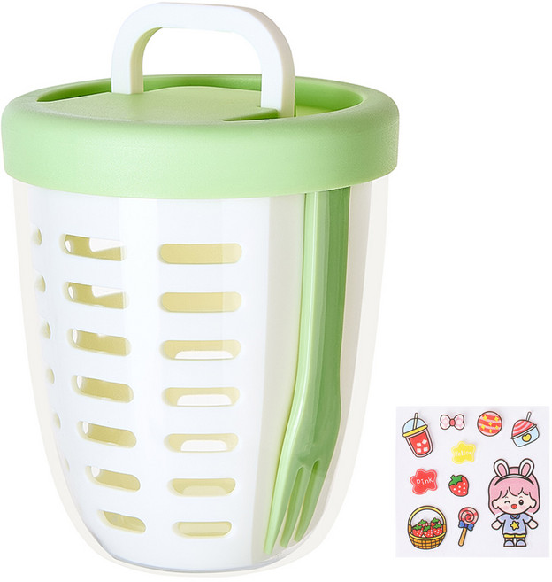 씰락 과일 컵 포크 및 물빠짐 바구니 포함, 1개, 녹색