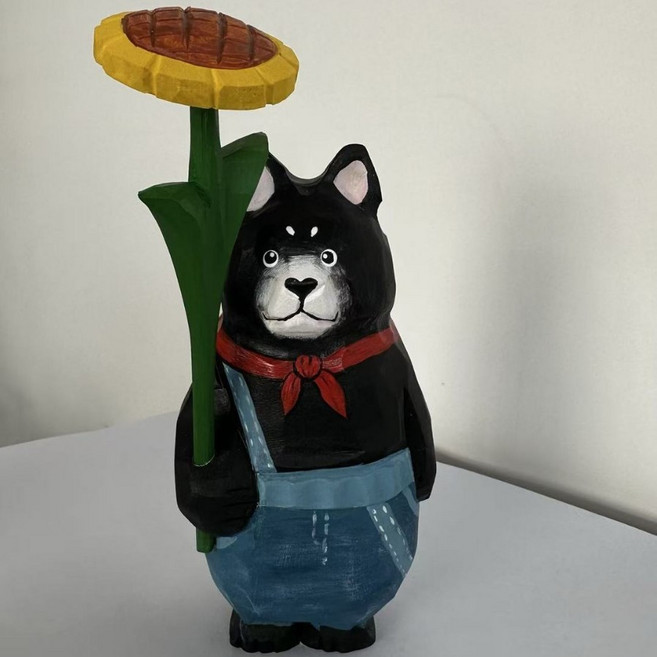 木雕向日葵熊擺件 創意桌面裝飾品 手工藝品 家居裝飾, 藍色