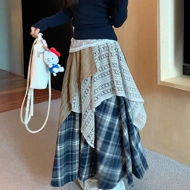 격자무늬 하이웨스트 스커트 긴 치마 빈티지 패션 추동 스커트 보온 스커트