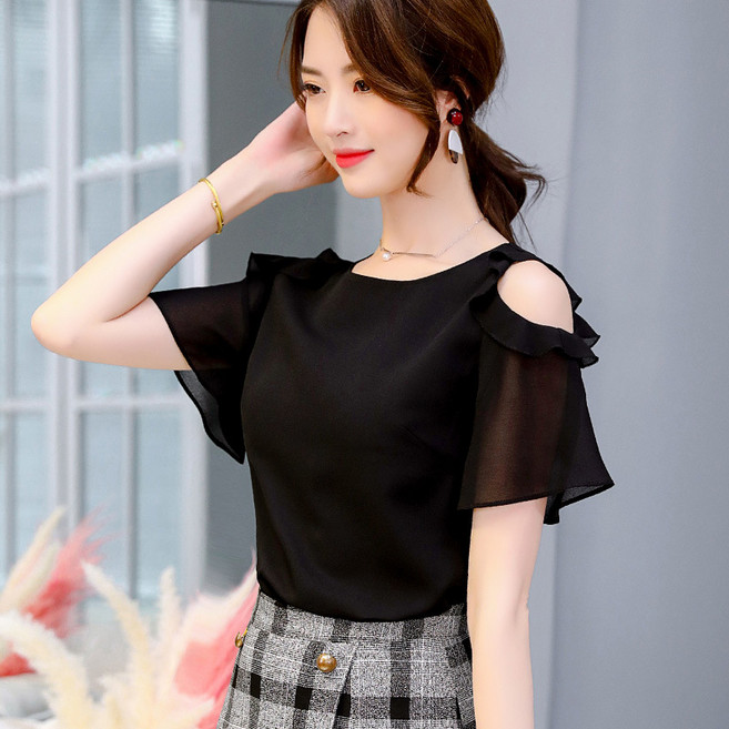 여성용 여름 라운드넥 오프숄더 쉬폰 셔츠 반팔 블라우스