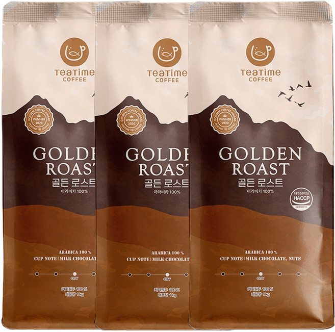 [대용량] 티타임커피 1kg 골든로스트 향미가좋은 고소한 아라비카100% 원두커피, 3개, 홀빈(분쇄안함)