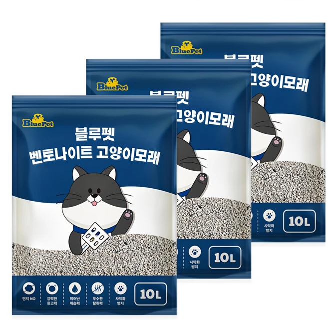 블루펫 응고형 벤토나이트 고양이 모래, 10L, 3개, 무향 - 쿠팡