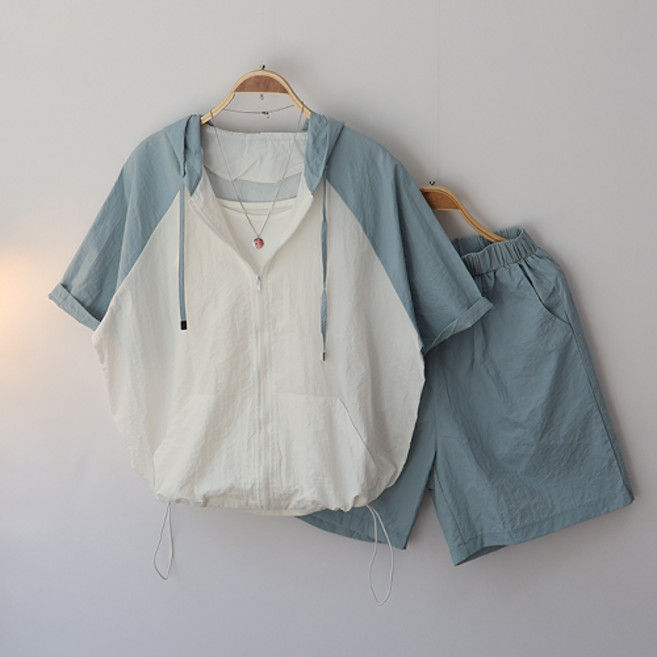 스카이코코 여성 후드 집업 바람막이 밴딩 반바지 베베 트레이닝 세트