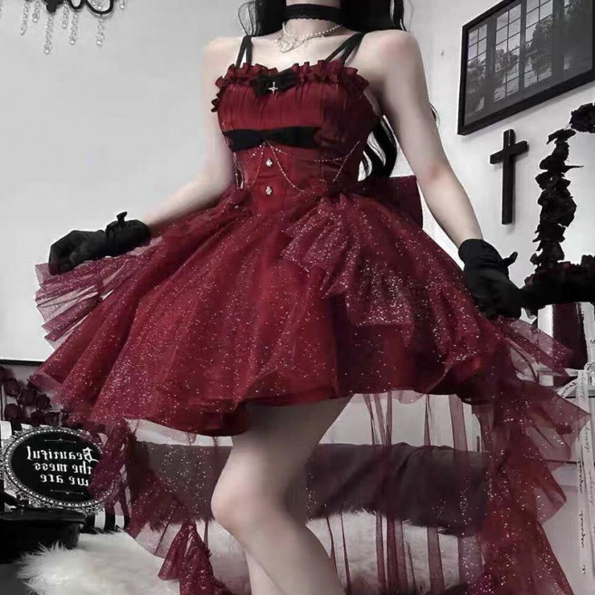 공주풍 레이스 프릴 롱테일 글리터 양산형 로리타 연주회용 파티드레스 4컬러 나시 원피스