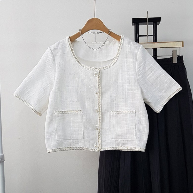 상상그이상 여성용 컬러 트위드 라운드넥 반팔자켓 앞포켓 고급스러운 진주 포인트 노카라 러블리무드 간절기 하객룩 캐주얼 데이트룩