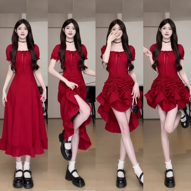 빅사이즈 디자인 감각이 돋보이는 세련된 원피스 3가지 스타일로 연출 가능한 드로스트링 미디 드레스 여성용 여름 허리 라인 강조 사각 네크라인 매우 아름다움. a 롱 스커트