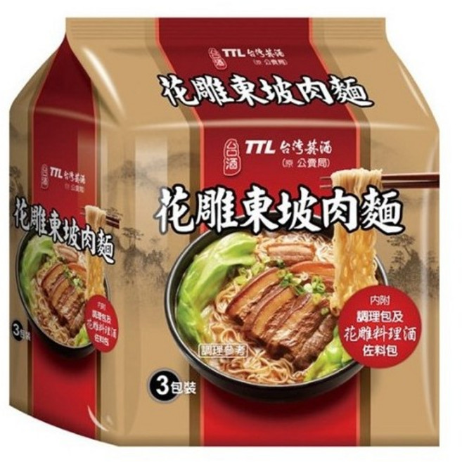 台酒TTL泡麵全系列：花雕雞麵、麻油雞麵、酸菜牛肉麵等多種口味, 1個, 花雕東坡肉麵 (3包/袋)