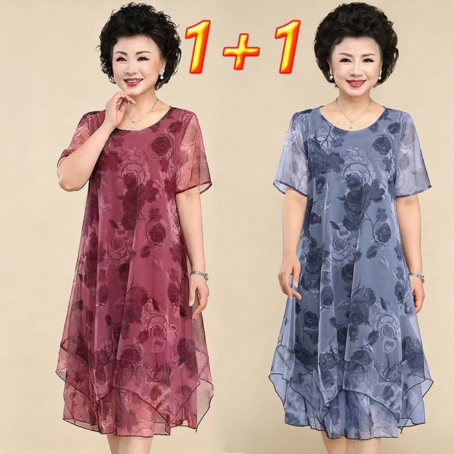 엄마 여름 롱원피스 반팔 빅사이즈 쉬폰 체형커버 플라워 원피스