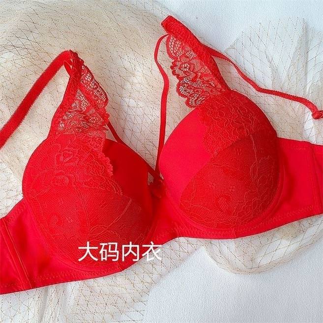 成套內衣褲 交叉細帶美胸內衣 薄款大胸顯小 大碼內衣褲成套, 大紅【軟鋼圈】,34/75BC【罩杯稍小】