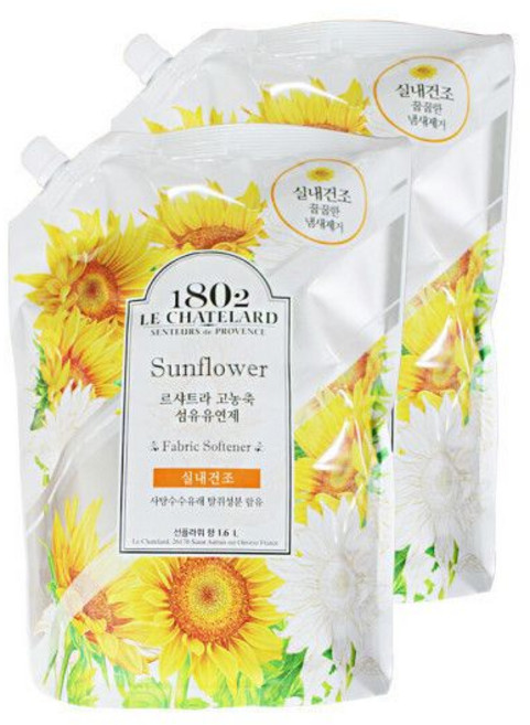 세탁 빨래엔 르샤트라 실내건조 고농축 섬유유연제 1.6L 파우치 2개+ 2개 (선플라워) 향기 좋은 지속제