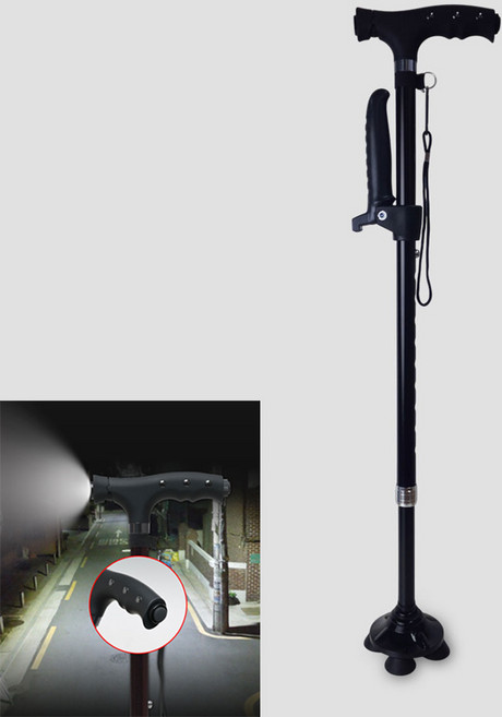 실버양품 안전기준적합 LED 사발지팡이 노인 어르신 할머니 할아버지 지팡이 보행보조 네발지팡이, 1개, 블랙