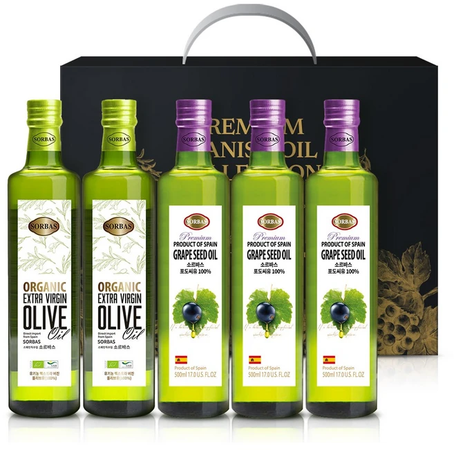 소르바스 유기농 엑스트라버진 올리브유500ml 2병+포도씨유500ml 3병 오일선물세트, 1세트 - 쿠팡