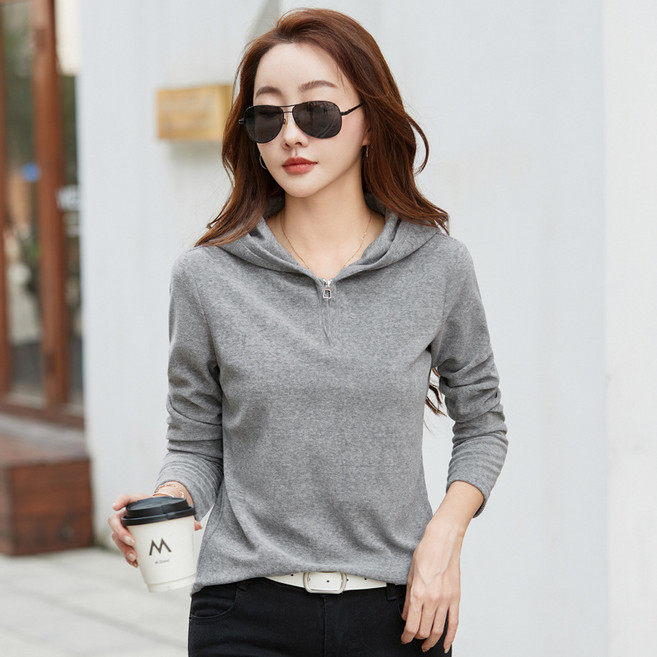 가을 프리오더 여성 후드 슬림핏 긴팔 티셔츠 여자 반집업 얇은후드티 고품질면티 데일리 상의 간절기 중년여성 가을티