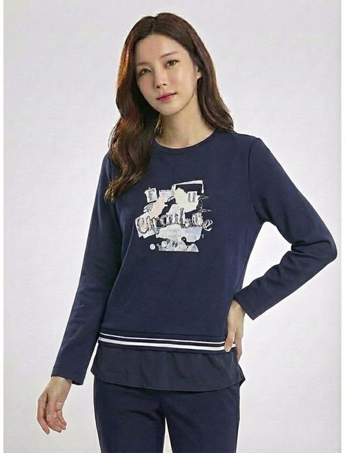 올포유 올포유 여성 밑단 우븐 배색 원포인트 라운드 티셔츠 ALTRN2221-915