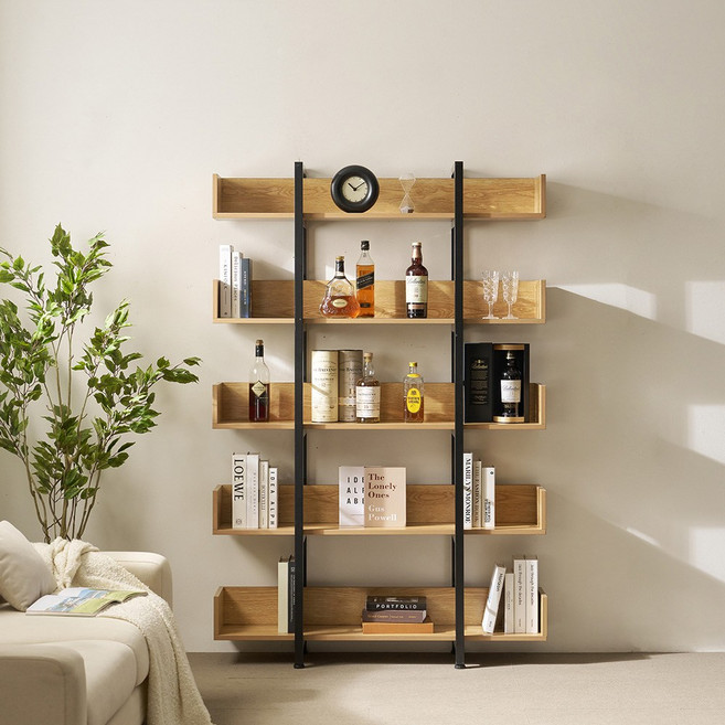 상도가구 제련공단 책장 사각프레임 선반 수납장, 5단, 아카시아+블랙F