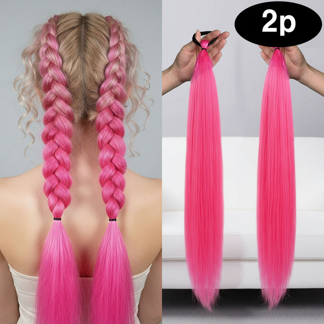 은꽃밴드 2P 컬러 브레이드 헤어피스 케이팝 가발 머리끈, 1개, 핫핑크2P