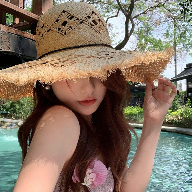 女夏季鏤空透氣遮陽大帽簷拉菲草太陽帽