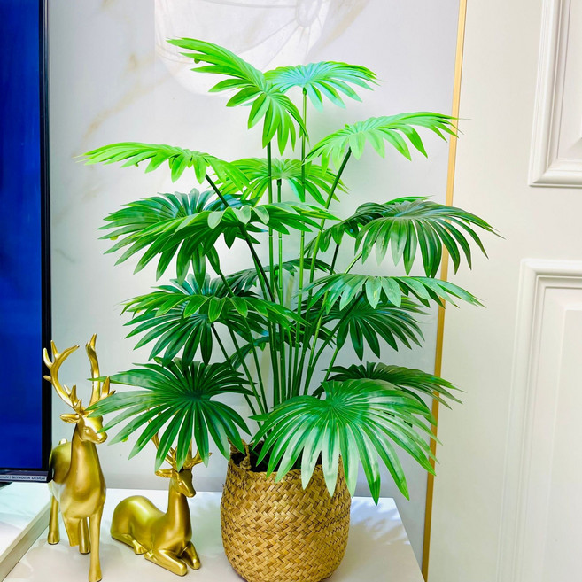 北歐風 模擬綠植盆栽 龜背竹 裝飾擺件, 70CM扇葵 送配重底座 送北歐手工編織花籃 70釐米, 1件