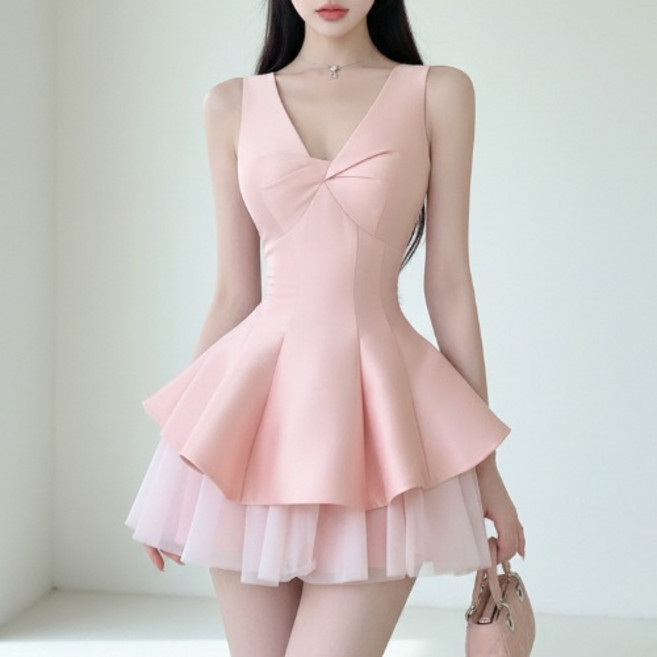 히또리 X5213 브이넥 바스트 꼬임 이중 볼륨 쉬폰 미니 원피스