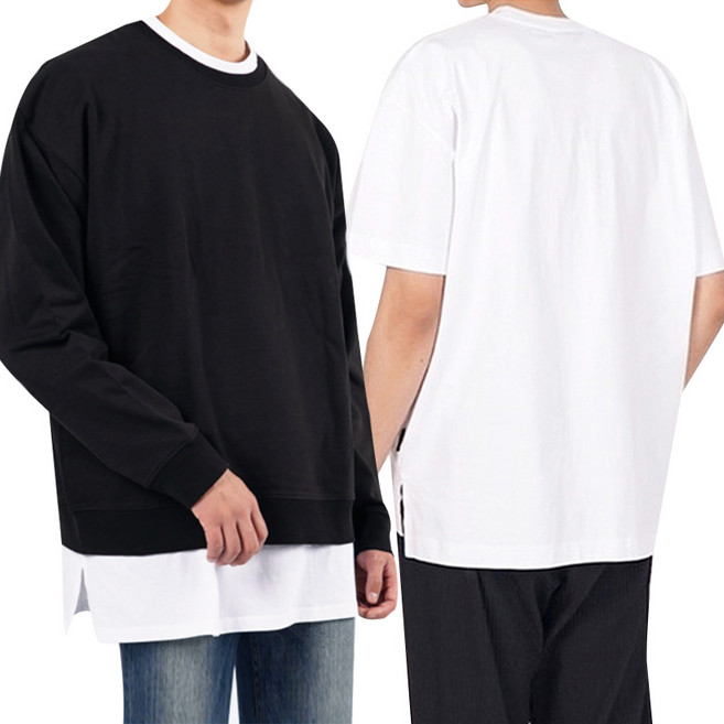 프리미엄 고급원단 수피마코튼 면 100% 무지 롱 레이어드 티셔츠 사이드 트임 절개 // 남자 반팔 레이어드 레이어드티 봄 여름 가을 겨울 사계티 여름티 흰티 검은티