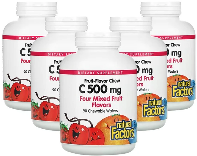 네추럴팩터스 과일 맛 츄 비타민C 4가지 혼합 과일 맛 500mg 츄어블 웨이퍼 90 개, 5팩, 90정 - 쿠팡