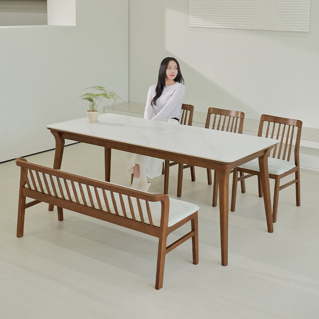 루나 포세린 세라믹 원목 6인 식탁세트 1800 의자+등받이벤치형 IKLN2D, 화이트, 식탁+등받이벤치 1개+A형의자 3개