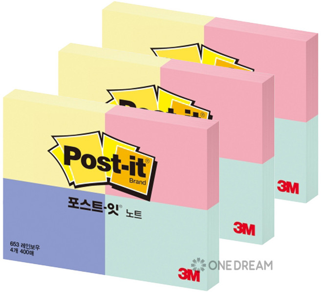 3M)포스트잇(653-4/51*38mm) 3개입, 레인보우 4패드 3개입