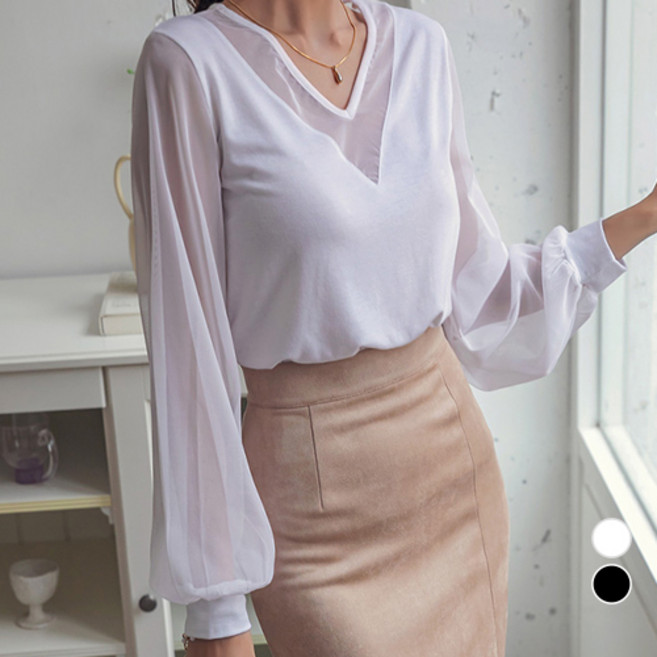 [나크21] (55~88) 시스루 슬리브 티셔츠 여성 빅사이즈 블라우스 KO33-T-01