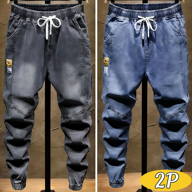 1+1 남성 스판 데님 배기 조거 팬츠 슬랙스 고탄력 밴딩 청바지 캐주얼 바지