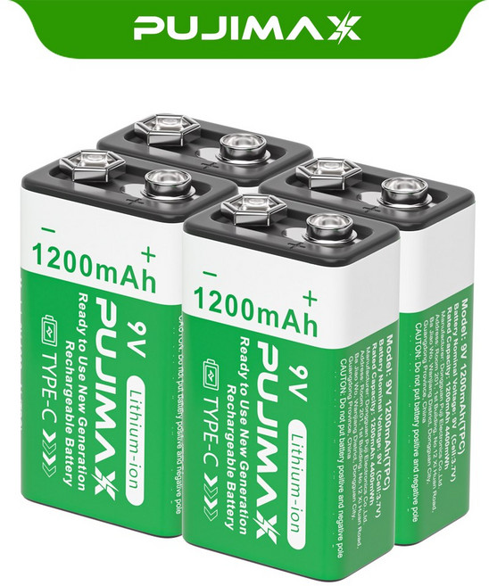 PUJIMAX 충전식 리튬배터리 9V 1200mAh TYPE-C 고용량 배터리, 2개, 4개입