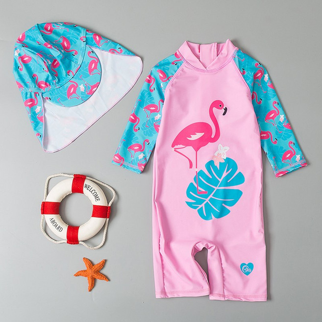플라밍고 올인원 유아 래쉬가드+플랩캡 세트