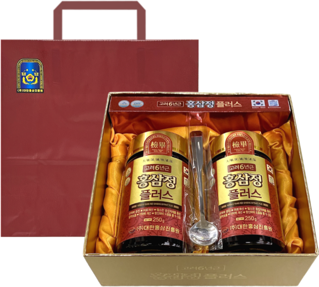 대한홍삼진흥원 차스코 고려 6년근 홍삼정 플러스 건강기능식품 선물세트 쇼핑백 스푼, 2개, 250g