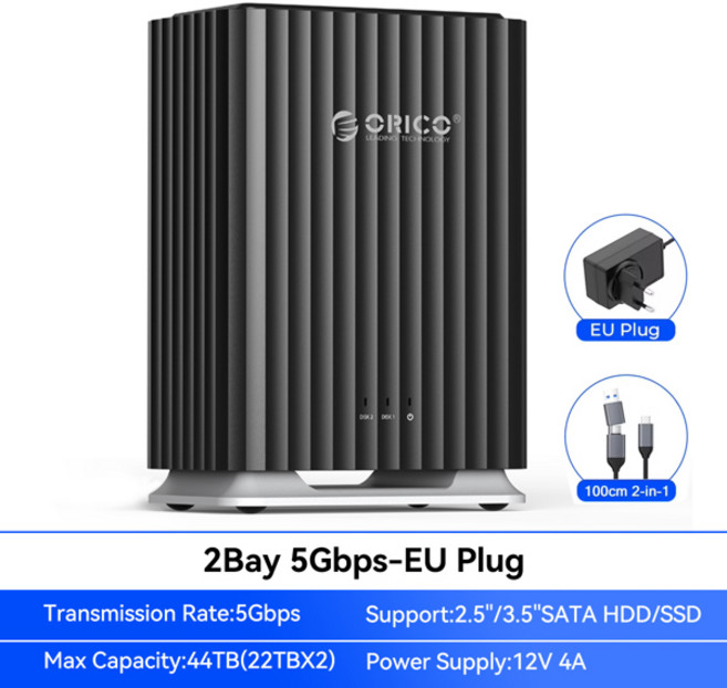 ORICO 9728C3 2베이 DAS HDD 도킹 스테이션 12V 4A 전원 2.5인치/3.5인치 SATA HDD/SSD 하드 드라이브 케이스 HD 외장 타입 C 확장, 9728C3-EU Plug, 1개