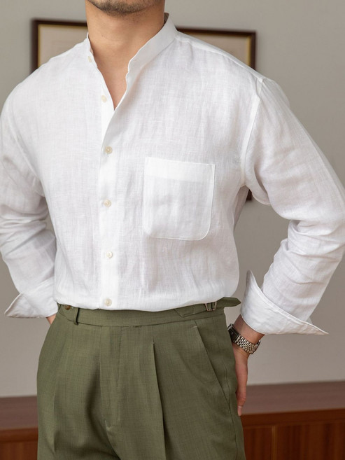 【透氣百搭】亞麻襯衫 男士襯衫 休閒襯衫 長袖襯衫 立領襯衫 亨利領上衣 純亞麻面料 輕薄透氣 通勤度假兩穿 輕熟風穿搭