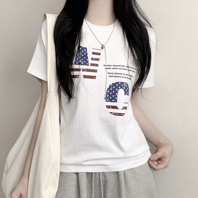 유니크 프린팅 워싱턴 로고 라운드넥 세미크롭 반팔티셔츠