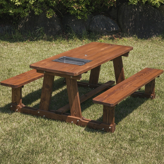 100% 통원목 바베큐그릴 일체형 야외 테이블 (발걸림 없는 개방형), 6~8인 개방형 (양쪽평벤치) 바베큐일체형, 6~8인 개방_양쪽평벤치_바베큐형_무도색