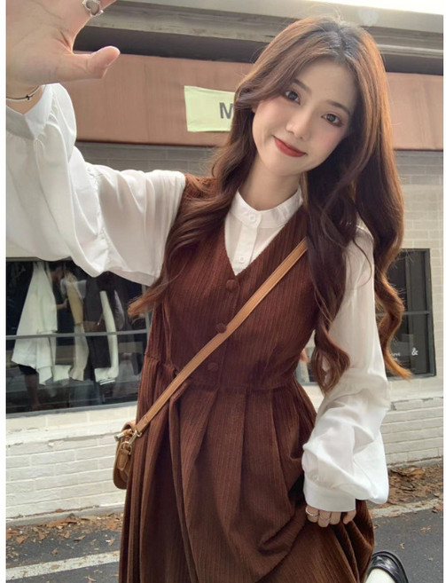 코듀로이 봄옷 세미 트리밍 A라인 스커트 브이넥 멜빵 원피스 여 세트 스커트