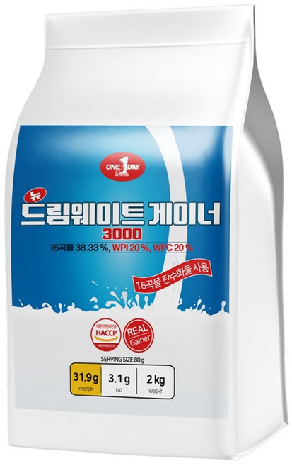 원데이뉴트리션 초코맛_단백질 쉐이크 헬스 보충제 포대 유청 웨이프로틴 뉴 드림 웨이트 게이너 3000, 2kg, 1개