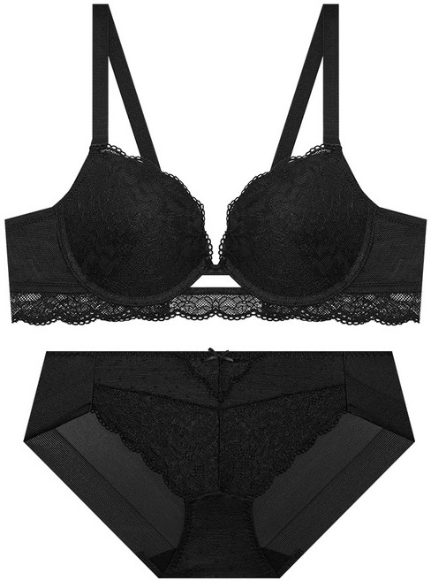 엘르이너웨어 프론트홀 도트 레이스 볼륨 브라 팬티 세트 - 블랙