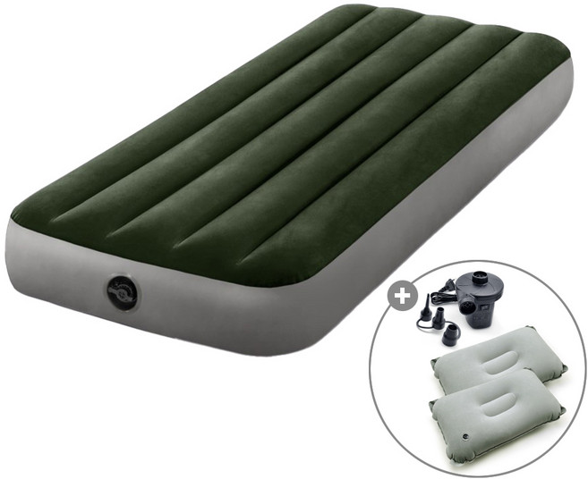 캠프빌리지 차박 캠핑 두께 25cm 듀라빔 2세대 에어매트 + 펌프 + 에어베개 2개 세트, 전동펌프, 다크그린