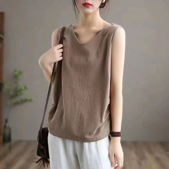 100%棉麻 無袖背心女 寬鬆休閒百搭 夏季薄款上衣