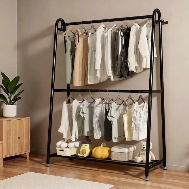 BILIMO 2단 스탠드 행거 대용량 수납 조립식 옷걸이 거실 현관용 옷걸이, 블랙